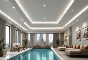 Interior view of a modern room with smooth drywall ceiling installation.