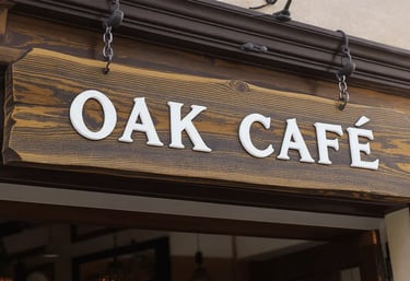 Rustic wooden café signboard with engraved logo – SignageBoard.ae