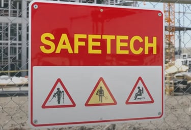 A red and white Safetech construction safety signage on a chain-link fence at a building site.