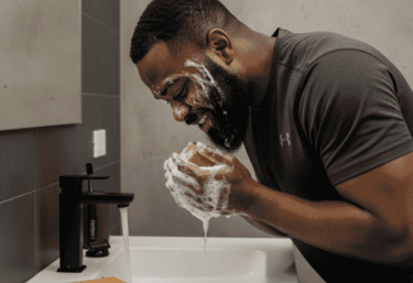 black washing his face with soap