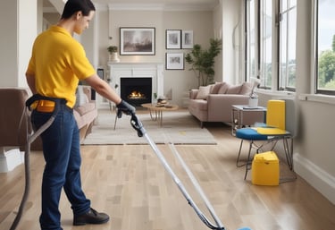 A person in a cleaning uniform is pushing a floor cleaning machine in front of a large wall made of blue-tinted glass blocks. The shadowed silhouette of another person is visible in the foreground, captured mid-step, creating a dynamic sense of motion.