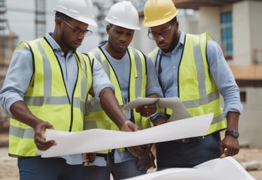 A team of experts discussing plans over a construction blueprint.