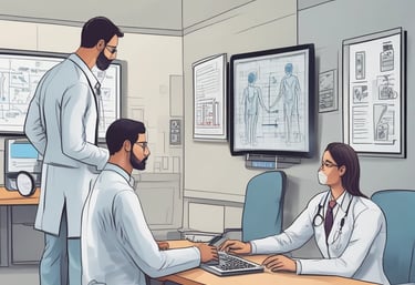 A diverse team of professionals collaborating in a modern office environment, focused on healthcare solutions.