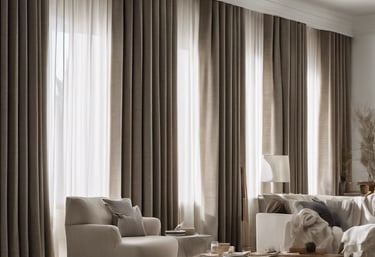 Ein heller Raum mit Sesseln und einer Fensterfront mit Vorhängen
