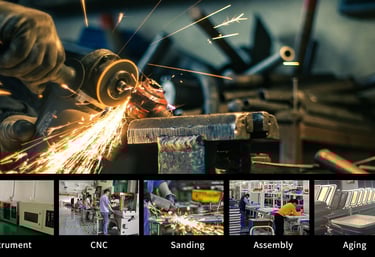 a man in a LED light factory with a lot of work on his workbench