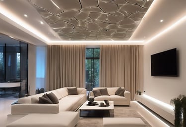 the ceiling of a large building with many windows
