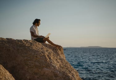 a man sitting on a rock with a laptop