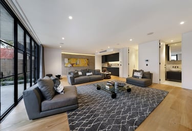 a living room with a couch and a rug