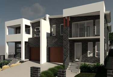 a house with a large brick building with a balcony