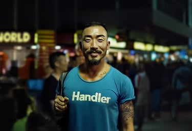 Asian man in a green HANDLER t-shirt.