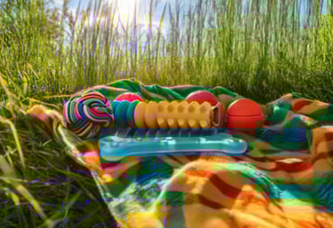 Dog toys on a blanket in a meadow. Art by ai&me