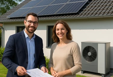 Mann und Frau Stehen mit einem Blatt Papier vor einem Haus mit eine Photovoltaik und Wärmepume