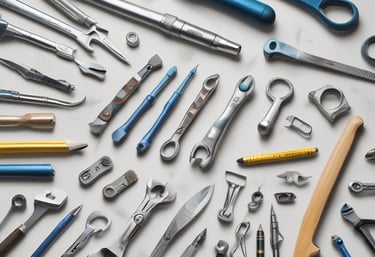 A garden hose is coiled neatly against a wooden panel next to a green container. Several other garden tools are partially visible, leaning against or hanging on the wood.