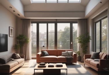 A person wearing a red shirt is standing near a gate, holding a broom and cleaning the sidewalk. A black sedan is parked behind the gate, next to a brick building. Trees with green leaves provide shade, and a small orange object, possibly a toolbox, is on the ground nearby.