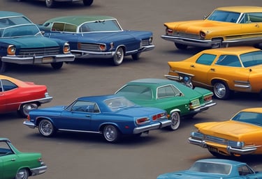 A classic red convertible car with a New Jersey license plate is parked in front of a garage with brown doors. A sign above the garage reads 'Cooper Tires'. The car has a chrome luggage rack on the trunk and is parked next to a modern silver SUV.