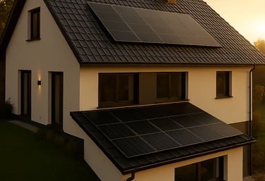 Maison contemporaine équipée de panneaux solaires haut rendement installés sur toiture en tuiles foncées, production d’énergi