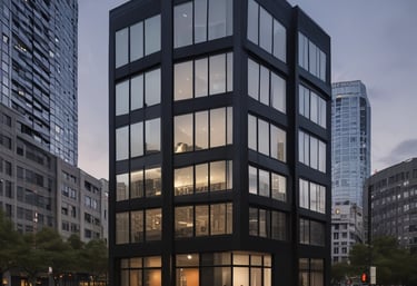 A multi-story building under construction with scaffolding in place. The structure features a modern design with a combination of large glass windows and darker paneling. The construction site is enclosed by a blue barrier, and there is a clear sky in the background with a few trees visible on the left side.