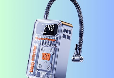 Portable electric tire inflator with a digital display and transparent casing for car and bike tires.