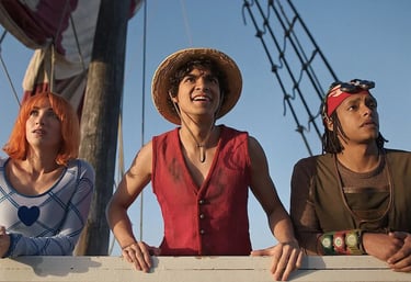 Emily Rudd, Iñaki Godoy and Jacob Romero Gibson in "One Piece" Season 2. (Netflix)
