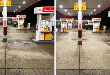 Side-by-side comparison of a gas station’s pavement before and after pressure washing, showing clean