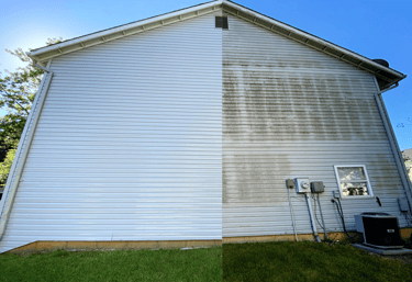 House exterior before and after soft washing, restoring its clean look