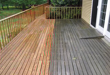 Wood deck before and after soft washing, removing mold and grime