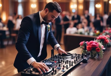 A DJ wearing a black cap and headphones stands behind a mixing console performing at an event. The DJ is dressed in a sleeveless sports jersey and leopard print shorts, with bright stage lights illuminating the scene. The background features a vibrant LED screen with abstract, geometric patterns in shades of blue and white.