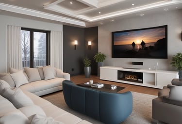 A hand is holding a smartphone displaying a smart lighting app. The screen shows controls for 'Living Room lights' with brightness set at 70%. The app has a minimalist design with a dark background and a central yellow circle indicating the brightness level. Part of a blurred plant and a bright round light are visible in the background.