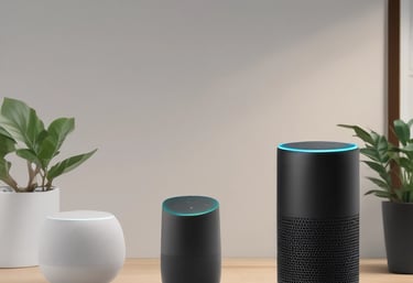 A hand is holding a boxed product labeled 'Home' with the Google logo, indicating it's a voice-activated speaker by Google. The background includes a partially visible tree and a room setting with a fireplace.