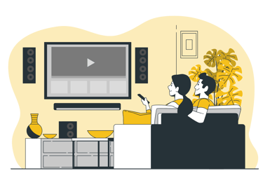 a couple sitting on a couch watching streaming content on their large screen TV wireless speakers