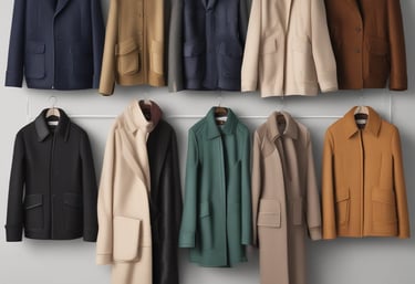 A dark exterior view of a dry cleaning and tailoring shop with large glass windows. Inside, racks of clothes covered in plastic are visible along with some bags and a chair. The lighting is dim, casting reflections on the glass.