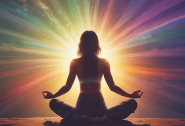 a woman sitting in a lotus position with a sunbeam