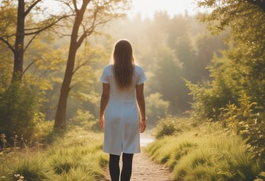 a woman walking down a path in the woods