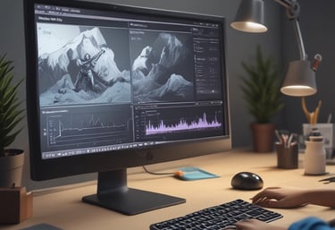 A computer monitor displaying video editing software with a burning flame on the screen. The setup is in a dimly lit room with a wooden desk, keyboard, and window in the background. There are photographs hanging on the wall.