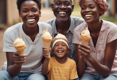 A joyful family savoring ice cream together, with a delivery truck in the background bringing ice blocks.