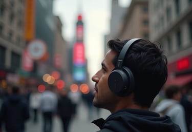 male on street using headphones
