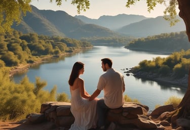 a man and woman sitting on a rock wall