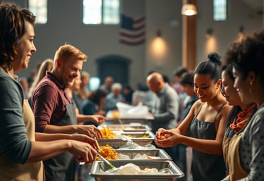 un groupe de personnes debout autour d'un buffet