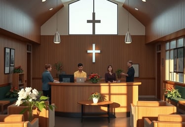 le hall d'entrée d'une église avec un bureau d'accueil et une église
