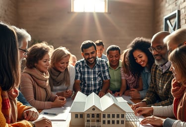 un groupe de personnes assises autour d'une table avec une maquette de maison