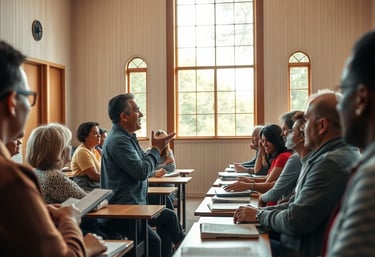 un homme debout devant une salle de classe