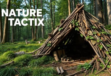  a natural camouflage shelter made of branches, leaves, and grass integrated into the forest 