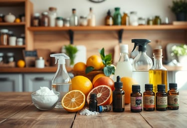 A wooden table with an assortment of natural cleaning products.