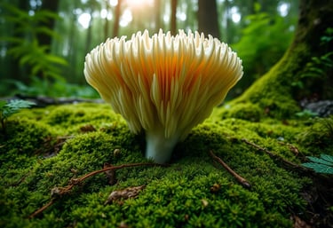 Lion's mane mushroom on a mossy forest floor