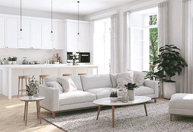 a living room with a couch and a table
