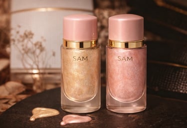 Dos botellas de iluminador líquido con brillo de S.A.M en tonos dorado y rosa para una piel radiante