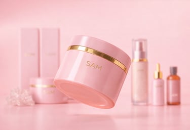 Tarro de crema de skincare rosa de lujo flotando entre una colección de frascos premium de sueros.