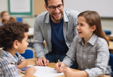 A therapist working with a child on speech therapy exercises in a bright, welcoming room.