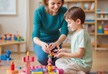A child engaged in occupational therapy activities with supportive equipment and a caring therapist.
