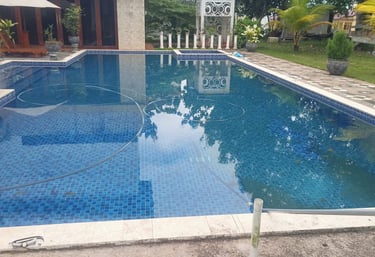 kolam renang yang bermasalah di kualitas airnya, yang timbul lumut di mana-mana.